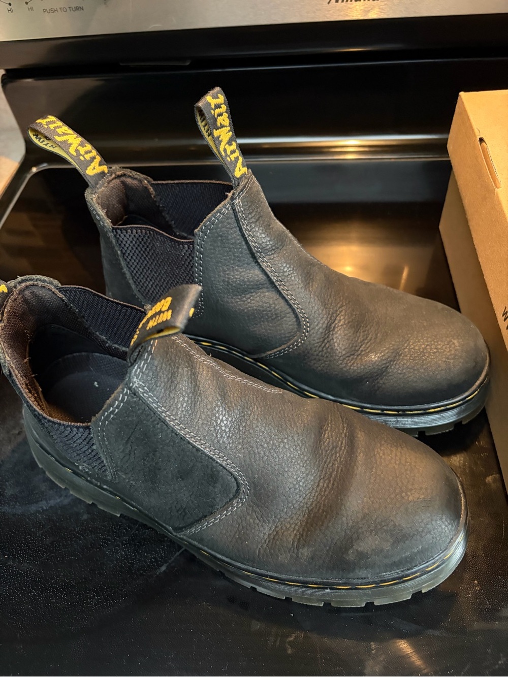 Dr. Martens Black Leather Chelsea Chukka Boots with Yellow Stitching